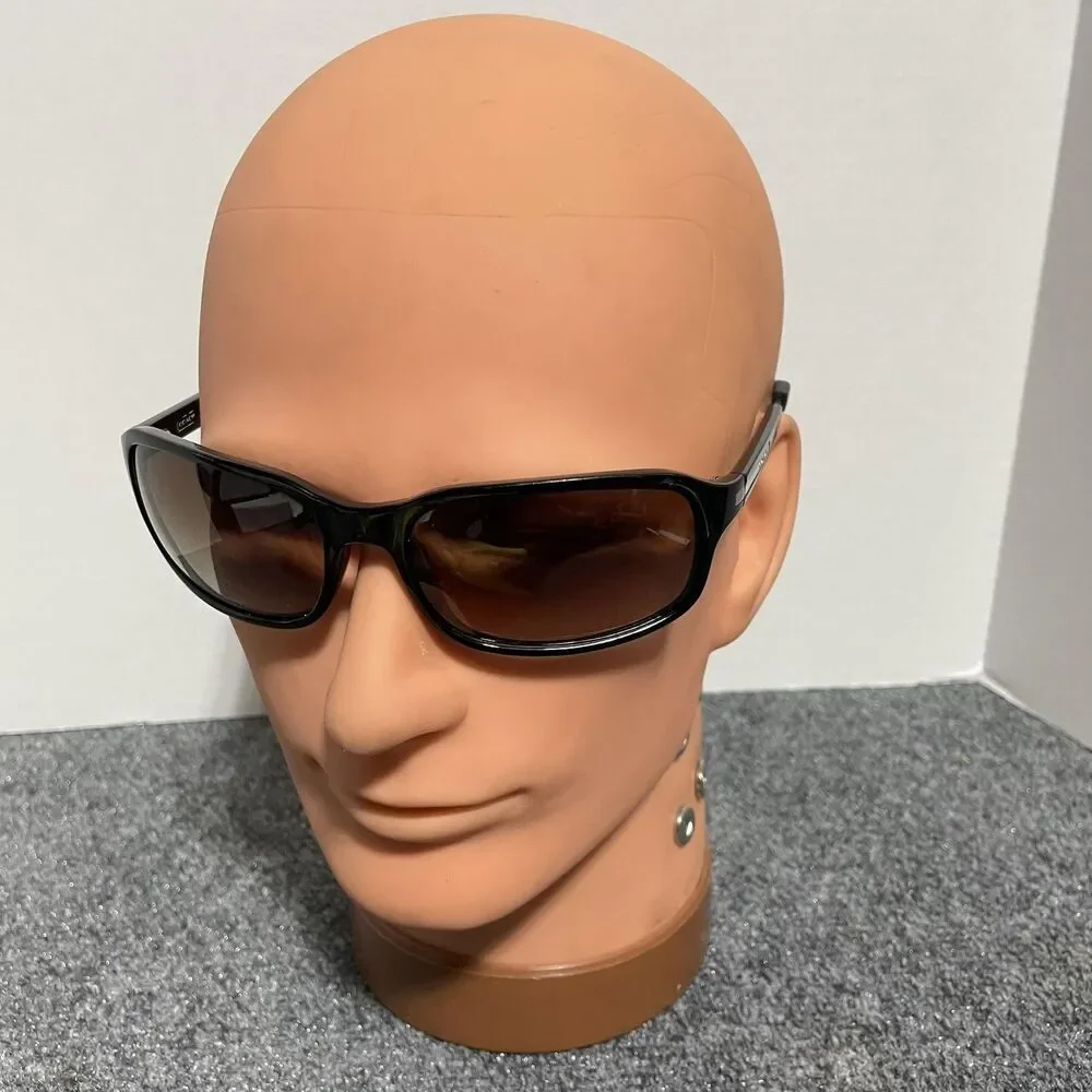 Sunglasses Womens Black Brown Gradient Wrap Rectangular Plastic Frames